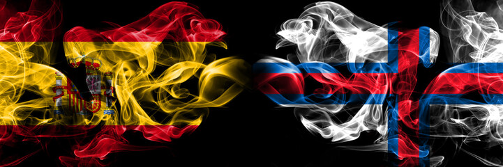 Spain, Spanish, Faroe Islands, flip competition thick colorful smoky flags. European football qualifications games