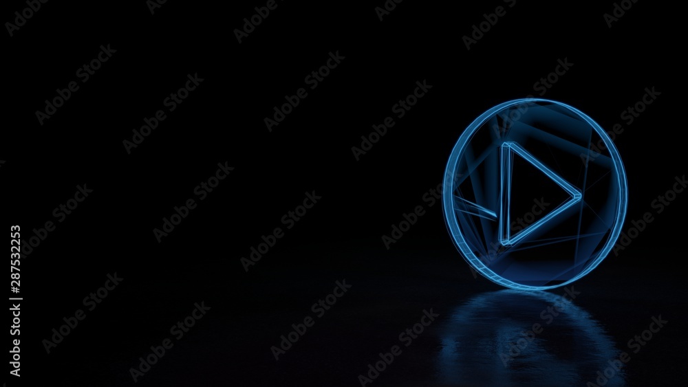Poster 3d glowing wireframe symbol of symbol of play button isolated on black background