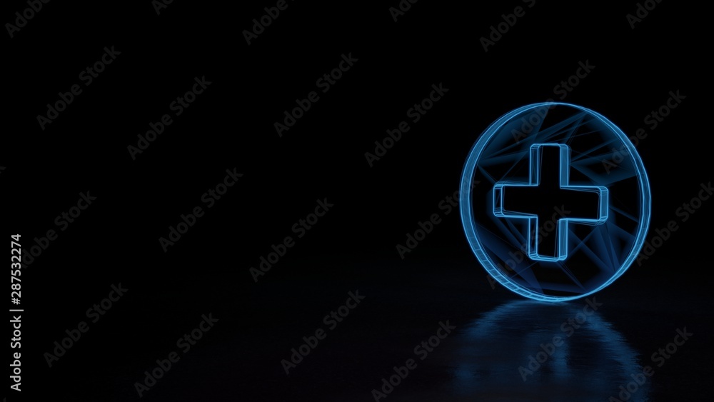Poster 3d glowing wireframe symbol of symbol of plus circle isolated on black background
