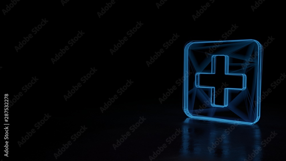 Poster 3d glowing wireframe symbol of symbol of plus square isolated on black background