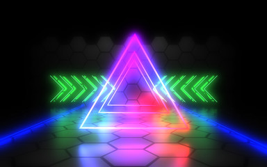 abstract architecture tunnel with neon light. 3d illustration