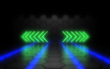 abstract architecture tunnel with neon light. 3d illustration