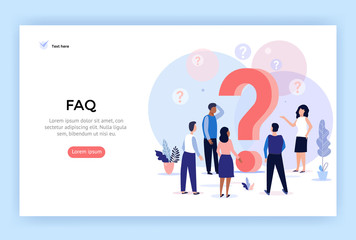 Concept illustration Frequently asked questions, people around question marks, perfect for web design, banner, mobile app, landing page, vector flat design - obrazy, fototapety, plakaty