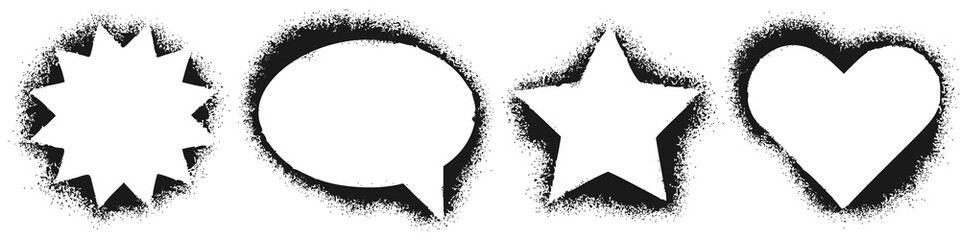 Different shapes stencil frames. Spray graffiti heart, star and spraying texture dialogue cloud stencils template. Street art splash, stencil brush stamp. Isolated vector icons set