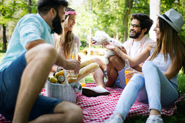 Happy friends in the park having picnic on a sunny day.