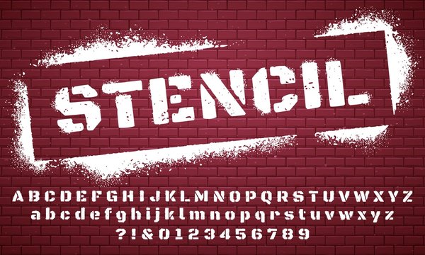 Stencil Font. Graffiti Spray Painted Alphabet, Dirty Textured Lettering And Grunge Letters. Military Abc And Numbers, Stamp Type Army Scratched Text. Isolated Vector Symbols Set