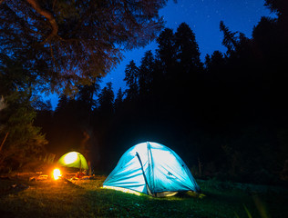 camping tent at sunset, the camping under billions stars