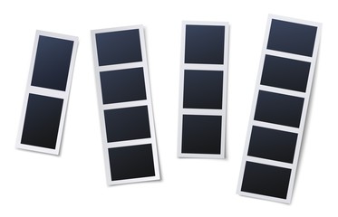 Photo booth picture frames. Vintage snapshots, instant photos and photographs strips. Photo box snapshot, photography picture card mockup isolated vector illustration icons set