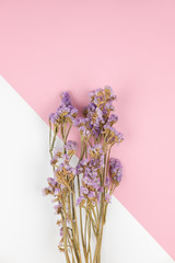 Purple statice flower bouquet on pastel pink and white background