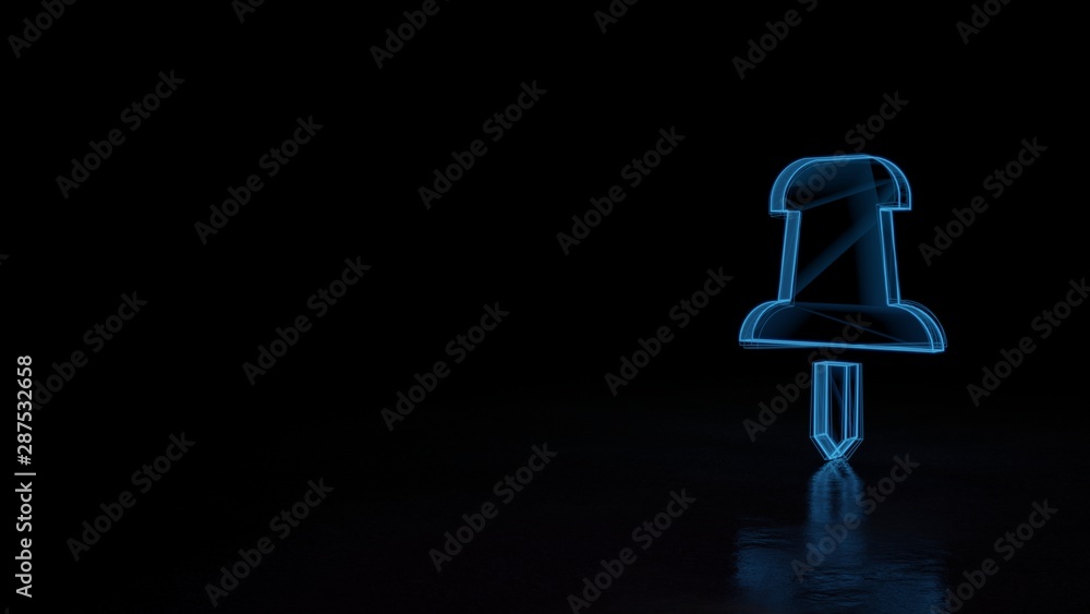 Poster 3d glowing wireframe symbol of symbol of push pin isolated on black background