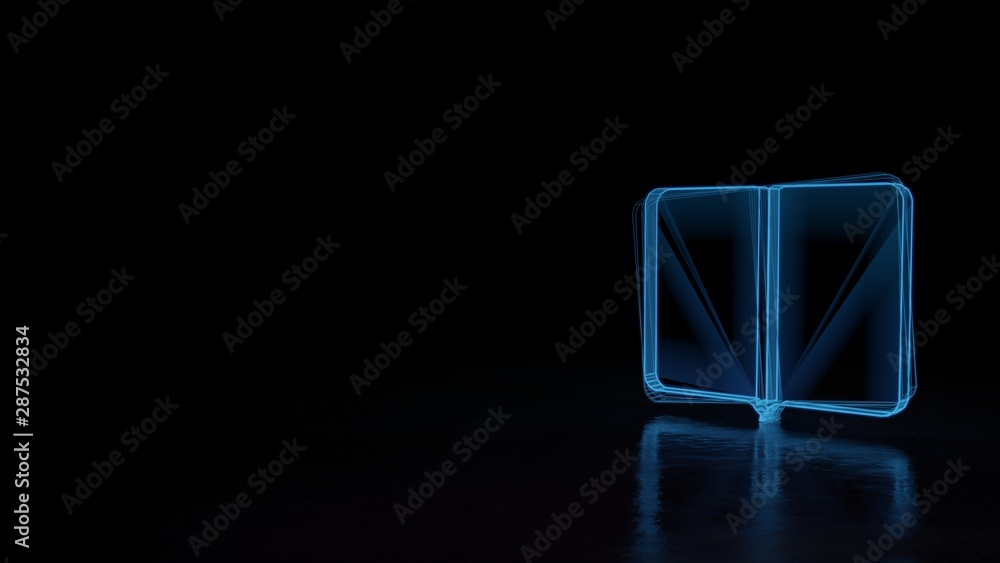 Poster 3d glowing wireframe symbol of symbol of reading isolated on black background