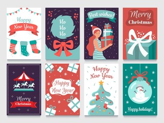 Christmas postcard. Garlands on xmas tree, Happy New year postcards and december winter holidays cards. 2020 christmas party invitation poster or greeting card isolated vector bundle