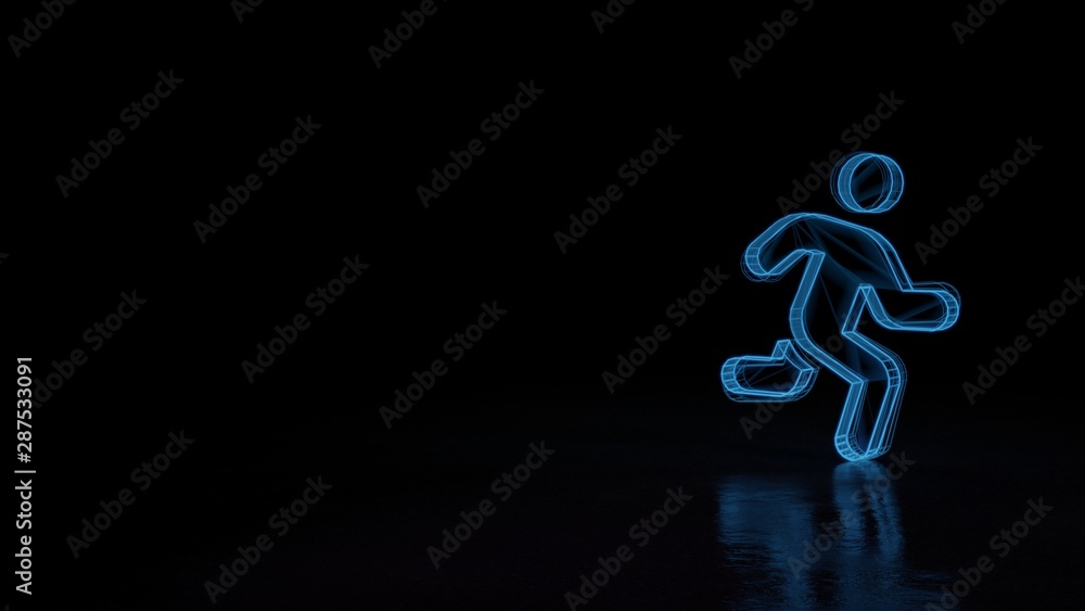 Poster 3d glowing wireframe symbol of symbol of running isolated on black background