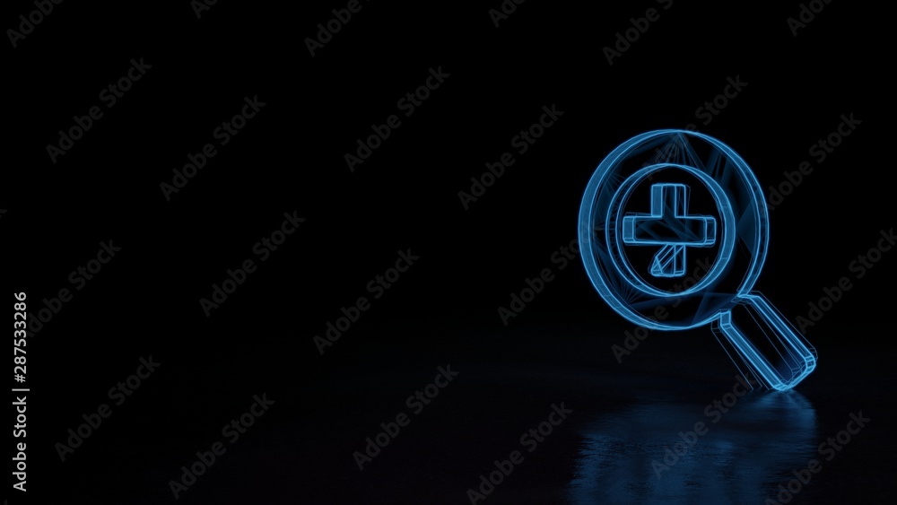Poster 3d glowing wireframe symbol of symbol of search plus isolated on black background