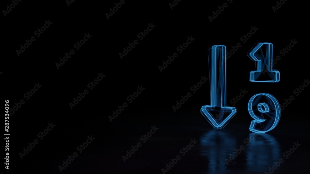 Poster 3d glowing wireframe symbol of symbol of sort numeric down isolated on black background