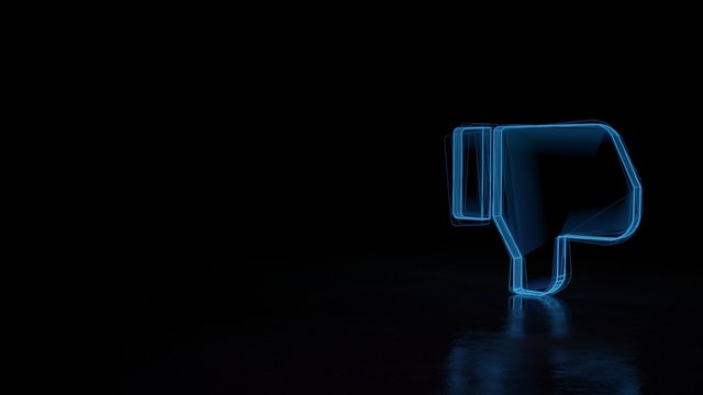 3d glowing wireframe symbol of symbol of social dislike isolated on black background