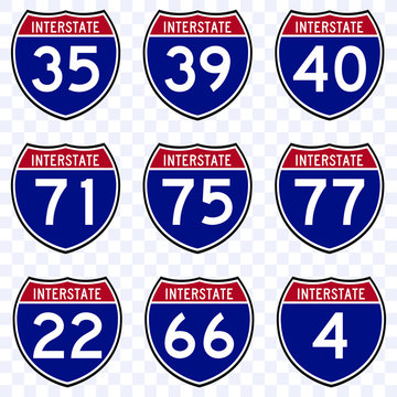 Set USA road traffic transportation sign, interstate american  highway route symbol vector isolated