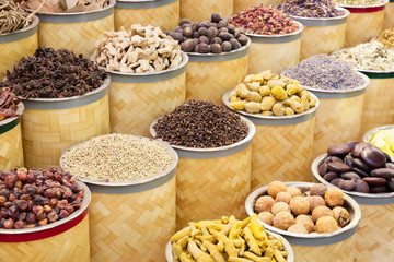 Colorful spices at the arab street market. Dubai Spice Souk in United Arab Emirates.