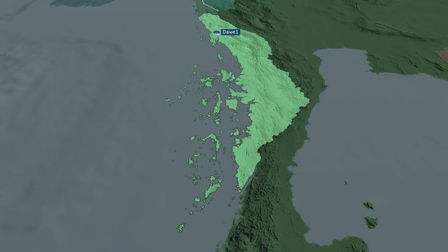 Tanintharyi - division of Myanmar with its capital zoomed on the administrative map of the globe. Animation 3D