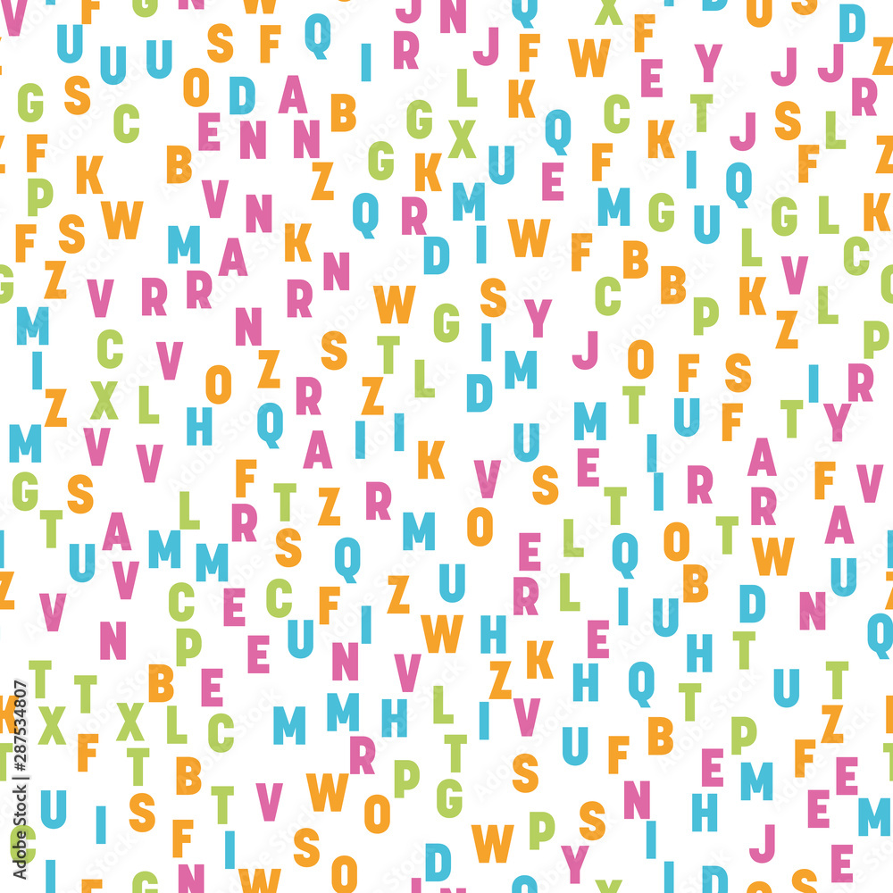 Poster seamless pattern of colorful letters. random order signs. vector background