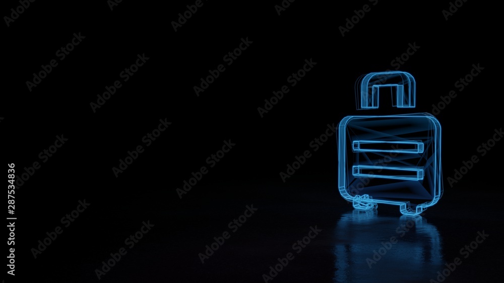 Poster 3d glowing wireframe symbol of symbol of suitcase rolling isolated on black background