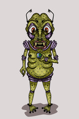 An alien with a small planet earth in his hands