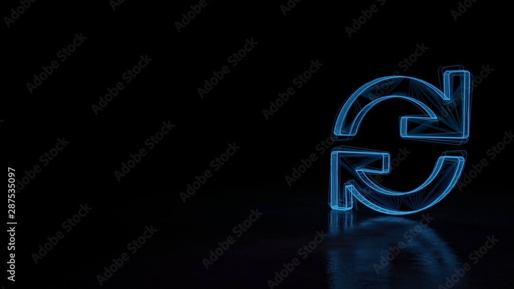 Poster 3d glowing wireframe symbol of symbol of sync isolated on black background