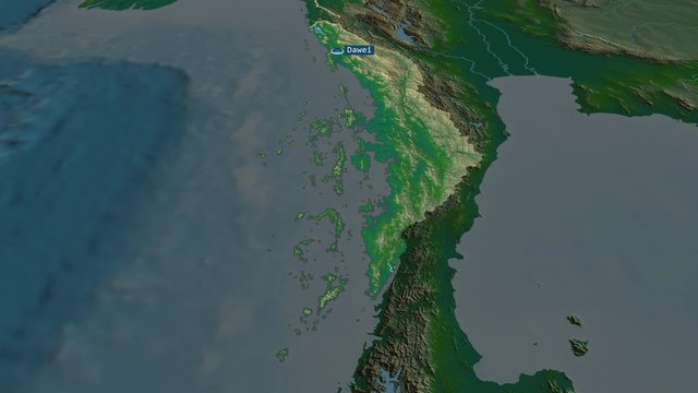 Tanintharyi - division of Myanmar with its capital zoomed on the physical map of the globe. Animation 3D