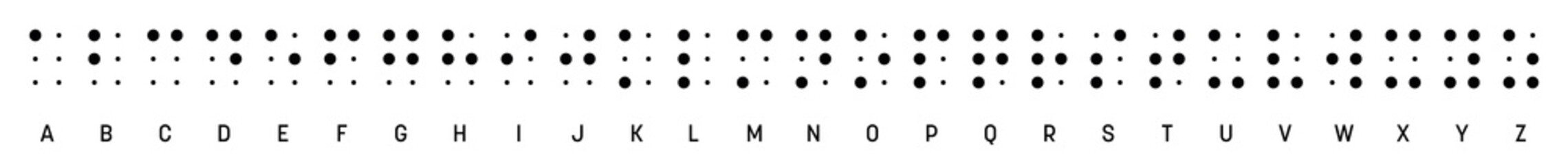 Braille alphabet letters in a row. Braille is a tactile writing system used by blind or visually impaired people. Vector illustration in black and white - obrazy, fototapety, plakaty
