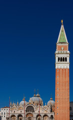 Fototapeta na wymiar St Mark Basilica and Campanile in the center of Venice (with copy space)