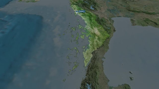 Tanintharyi - division of Myanmar with its capital zoomed on the satellite map of the globe. Animation 3D