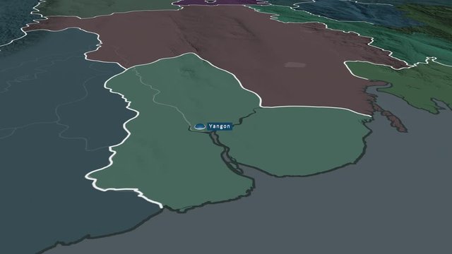 Yangon - division of Myanmar with its capital zoomed on the administrative map of the globe. Animation 3D