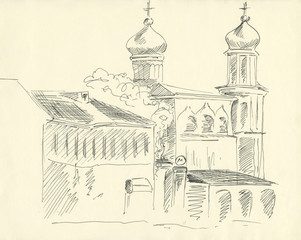 church, black pen drawing, dome with cross
