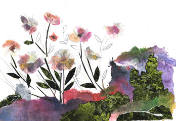 paper flowers, wild flowers in the forest, collage