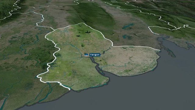 Yangon - division of Myanmar with its capital zoomed on the satellite map of the globe. Animation 3D