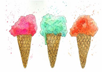 Set of three watercolor ice cream in waffle cone isolated on white background. Hand drawn illustration.