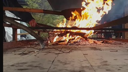 Cooking chestnuts with pan over the fire in the fall, Vittorio Veneto, Italy