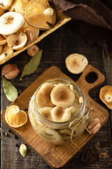 Mushroom preservation. Home preservation of products: glass jars with pickled mushrooms with spices on a rustic wooden table.