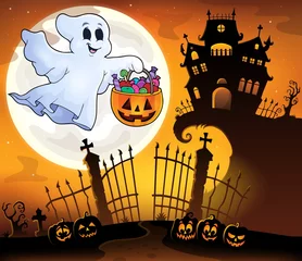 Crédence de cuisine en verre imprimé Pour enfants Halloween ghost near haunted house 5