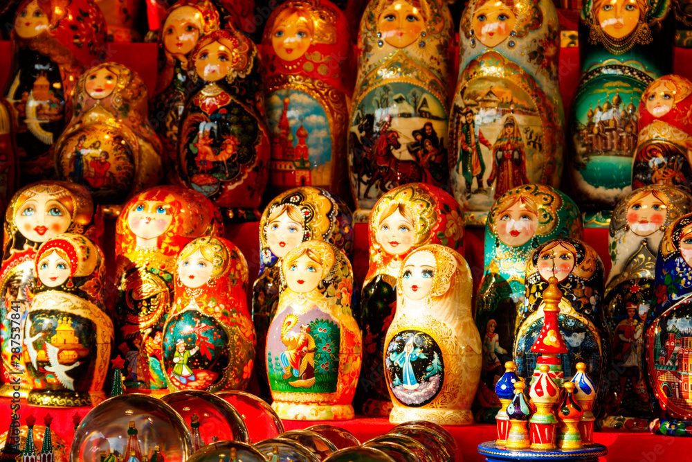 Wall mural Traditional souvenirs from Russia - colorful nesting dolls, also known as matryoshka, babushka, stacking dolls, or Russian dolls