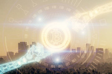 Double exposure of crypto currency theme hologram drawing and city veiw background. Concept of blockchain and bitcoin.