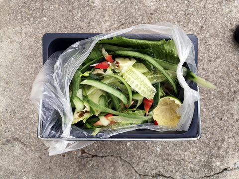 M&uuml;lleimer mit Biom&uuml;ll in Plastikfolie auf grauem Beton auf einem Bauernhof im Pfaffenwinkel in Rudersau bei Rottenbuch im Kreis Weilheim-Schongau in Oberbayern