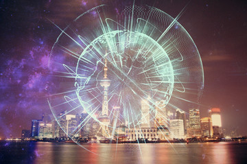 Double exposure of business theme hologram drawing and city veiw background. Concept of success.