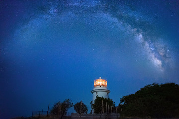 White sea lighthouse in Feodosia, Crimea on the Black Sea with light under the night sky with Milky Way