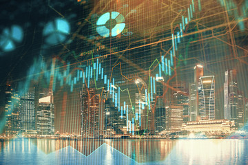 Financial chart on city scape with tall buildings background multi exposure. Analysis concept.