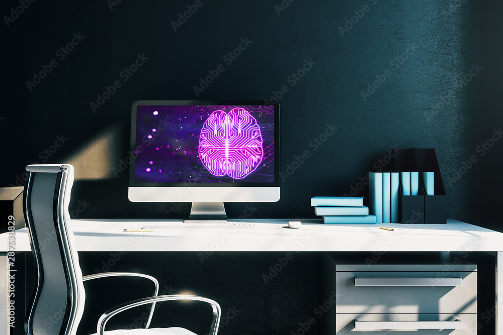 Aufkleber desktop interior with computer, table and chair. data theme brain drawing on screen. 3d rendering.