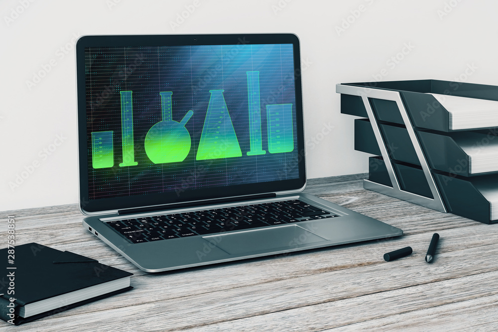 Poster laptop closeup with laboratory flasks drawing on computer screen. education concept. 3d rendering.