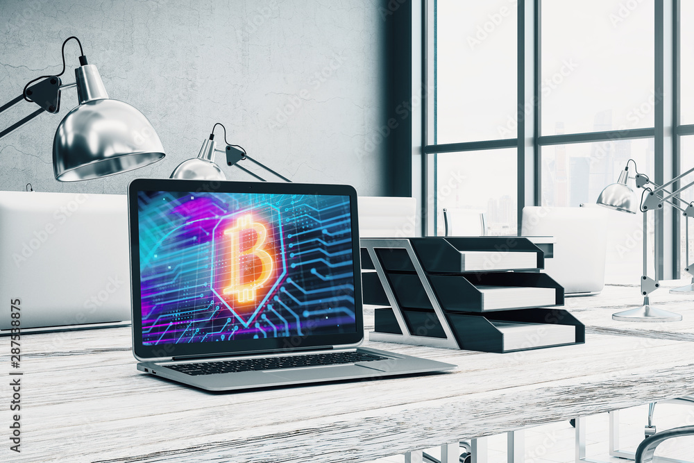 Aufkleber desktop interior with computer, table and chair. blockchain theme drawing on screen. 3d rendering