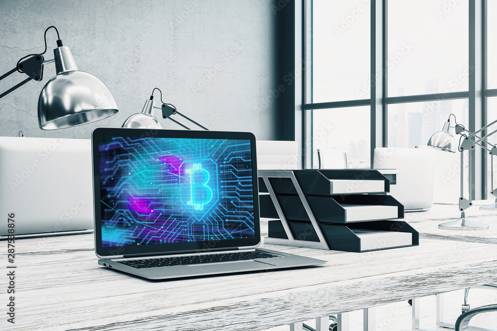 Aufkleber desktop interior with computer, table and chair. blockchain theme drawing on screen. 3d rendering
