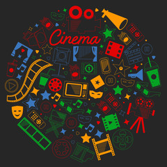 Vector pattern with cinema icons. Movie Theater, TV, popcorn, video clips, musical